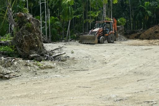 Une pelleteuse procède à des opérations de déblayage sur des terres forestières dans le cadre de grands travaux sur l'île de Grande Nicobar, dans l'archipel indien des Andaman-et-Nicobar, le 26 mars 2026