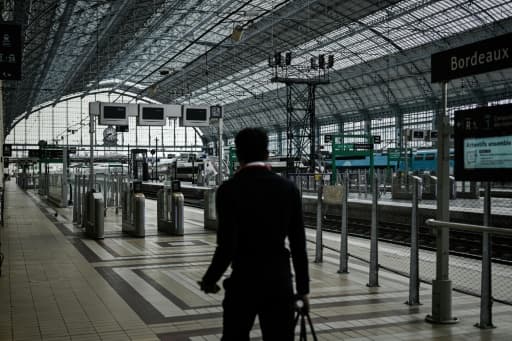 Un homme seul de dos sur un quai presque vide, sous la halle vitrée d'une gare