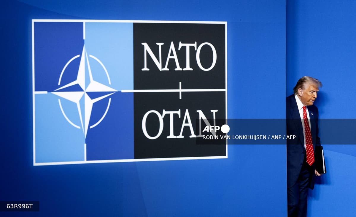 Donald Trump devant le logo de l'OTAN lors d'un sommet de l'Alliance atlantique