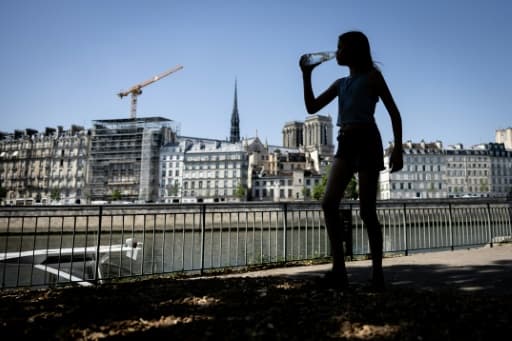 La silhouette d'une jeune femme buvant à une bouteille d'eau sur les quais de Seine, à Paris, sous un ciel sans nuages.