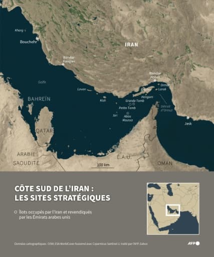 Carte des sites stratégiques de la côte sud de l'Iran et du détroit d'Ormuz