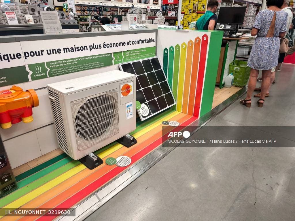 Unité extérieure de climatisation réversible exposée en magasin devant une échelle de classes énergétiques