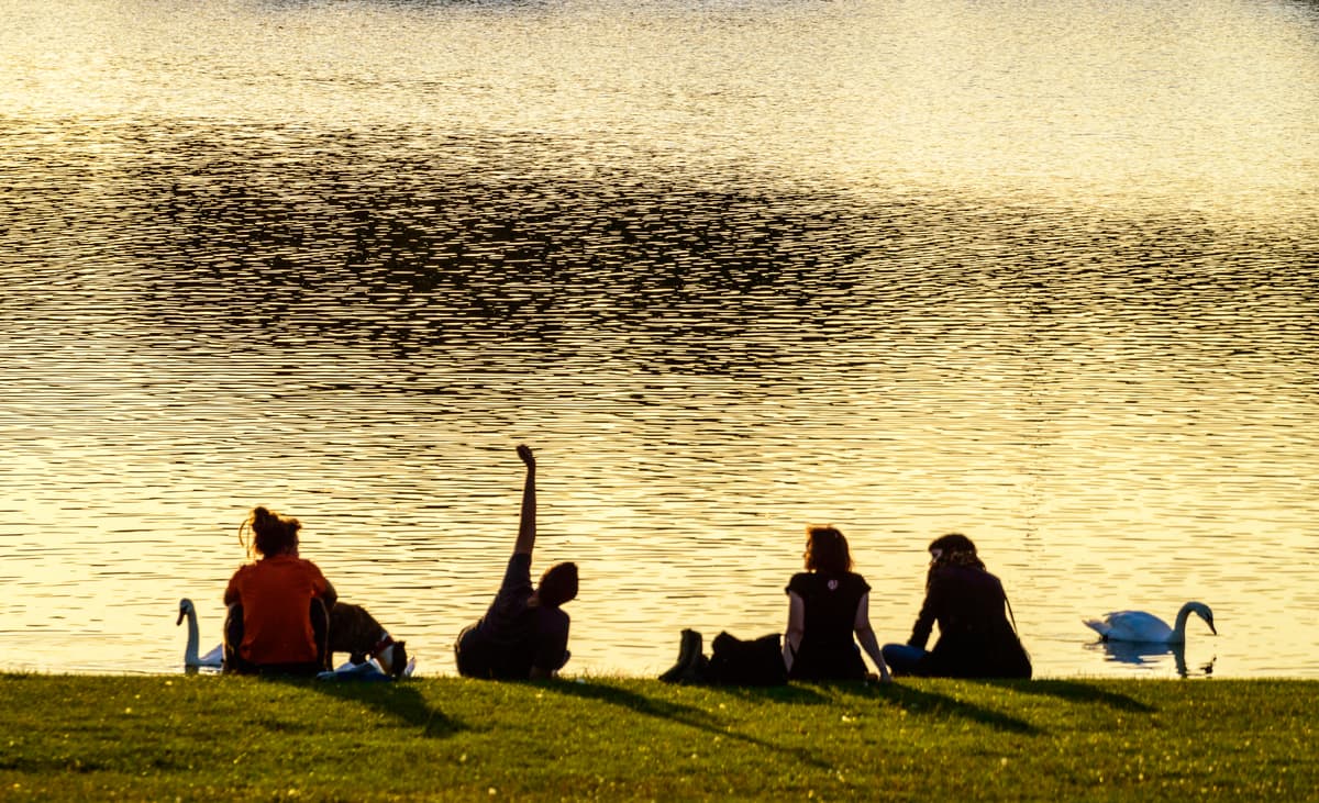 Des jeunes assis au bord d'un lac au coucher du soleil, silhouettes contemplatives