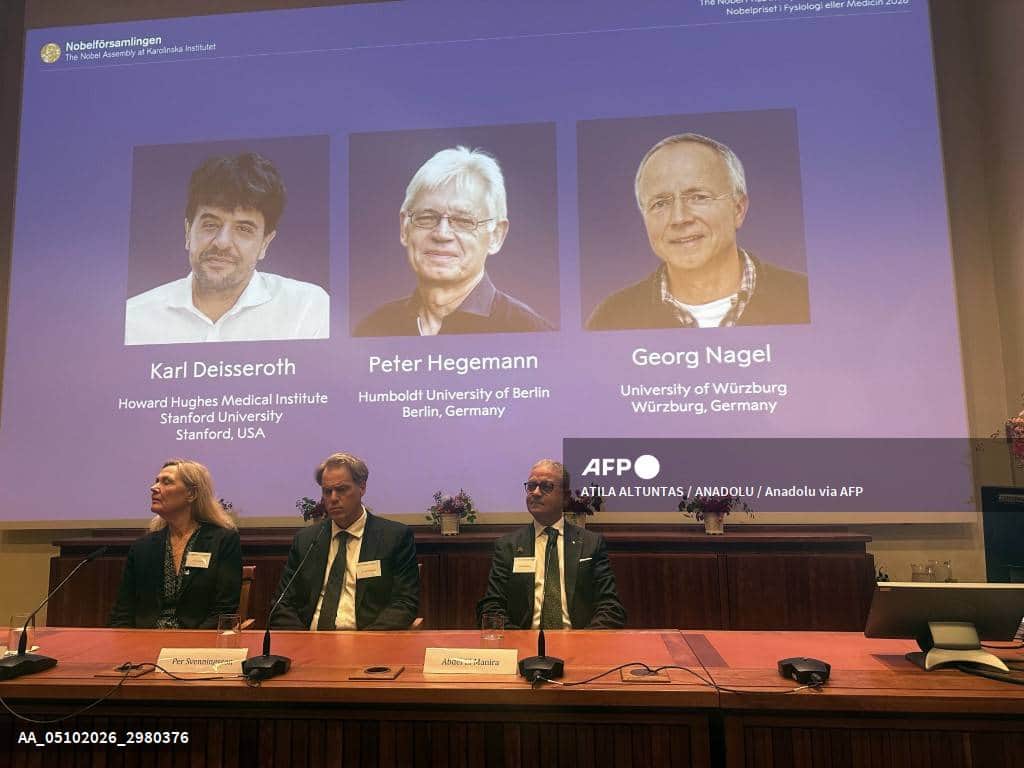 Les portraits des trois lauréats projetés sur un grand écran, au-dessus de la table du comité Nobel