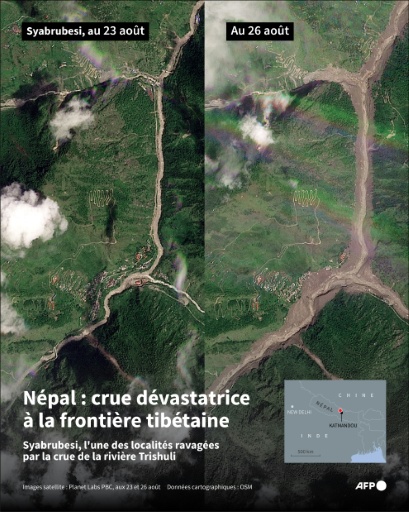 Images satellite du village de Syabrubesi avant et après la crue